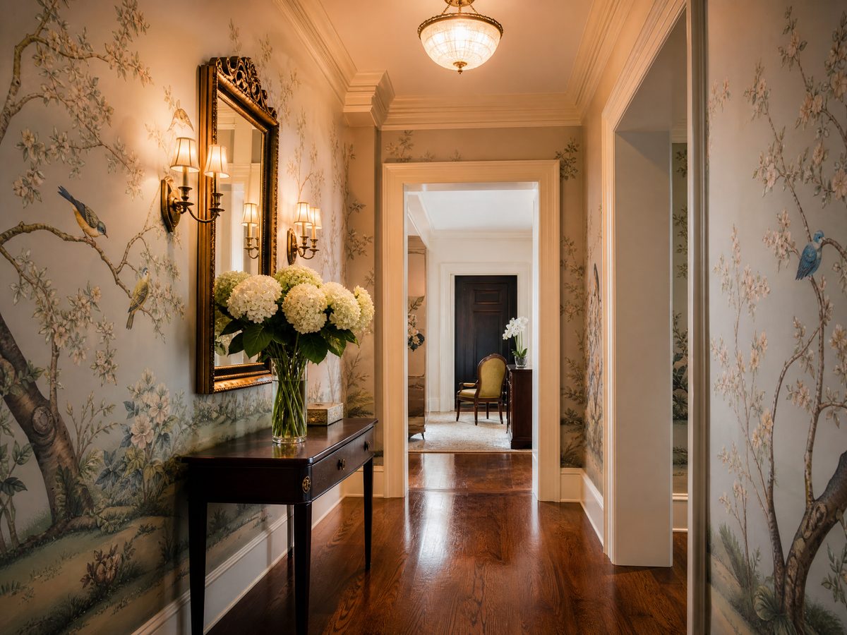 Custom wallpaper mural installation in a luxury hallway