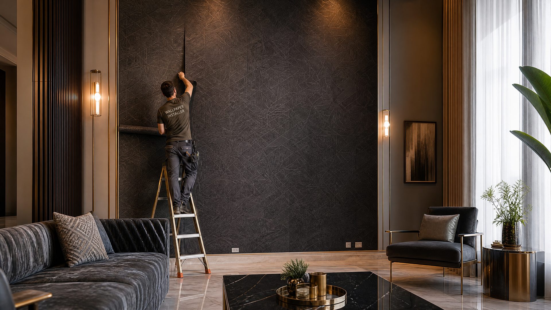 Professional wallpaper installation in a luxury living room