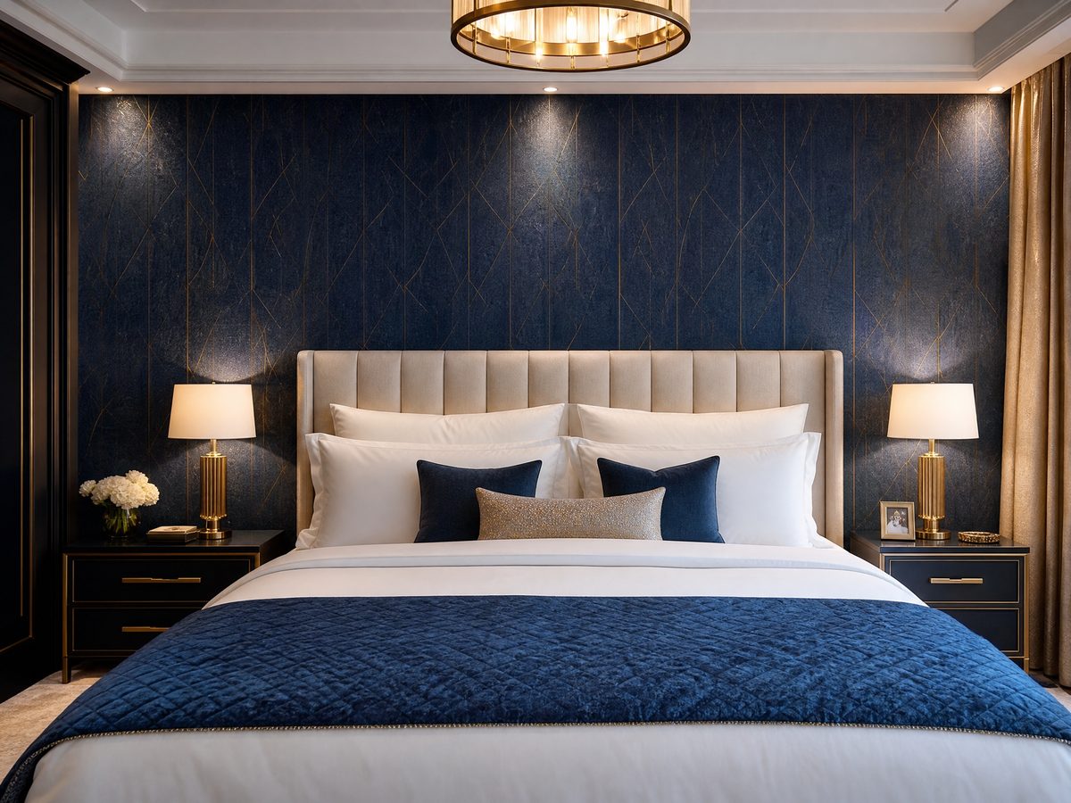 Luxury accent wall design with deep navy wallpaper