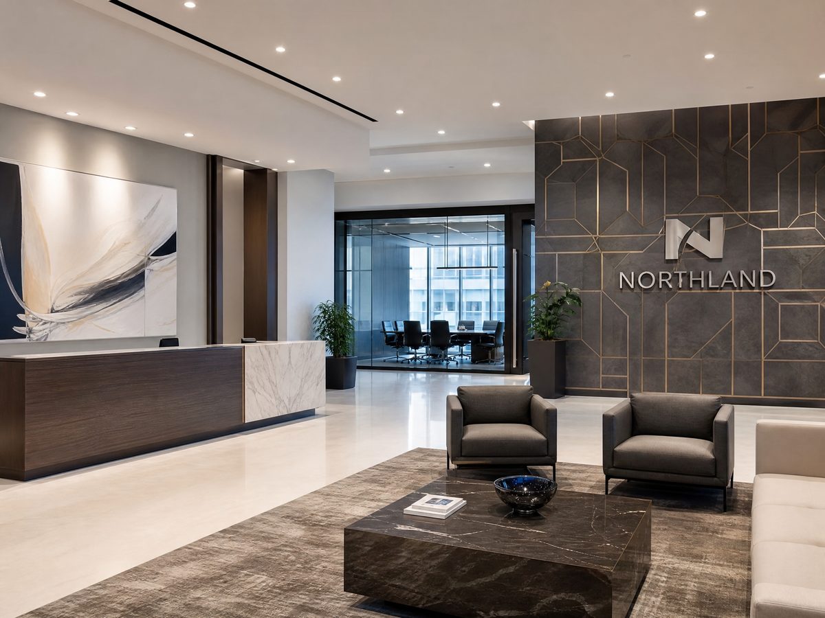 Commercial wallpaper hanging in a modern office lobby